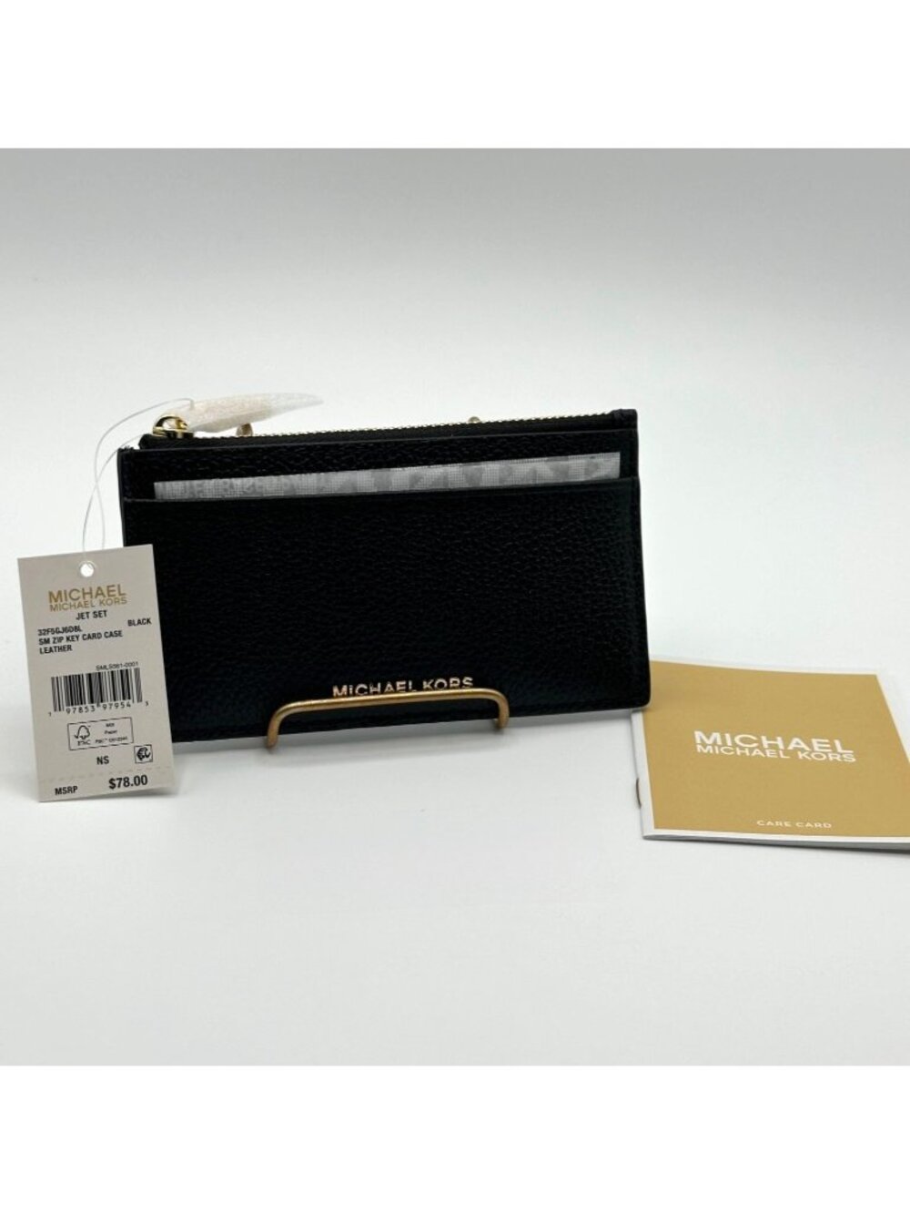 Michael Kors Jet Set Small Black Leather Zip Key Card Case NEW